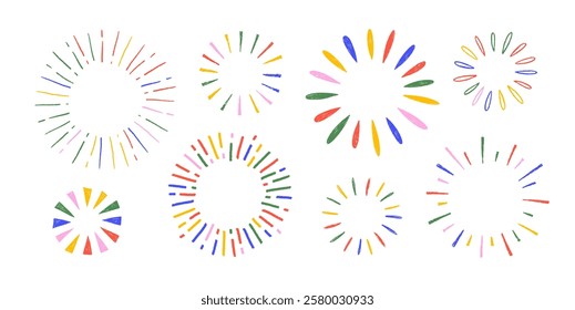 Colorful crayon drawn circle sunburst shapes collection. Vector ink illustration of sun beams, attention emphasis circles. Decorative doodle funky round shapes. Hand drawn sunburst sparkle ray element