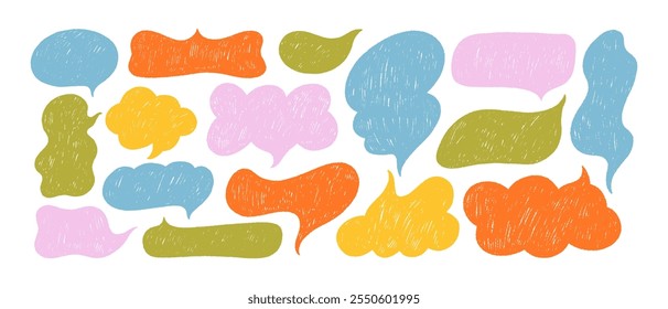 Colorful crayon drawn comic speech bubble collection. Hand drawn grunge doodle speech bubble set. Vector chalk pencil dialog balloons. Funky childish balloons for message, stickers and badges for text