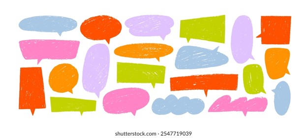 Colorful crayon drawn cute speech bubbles. Hand drawn chalk pencil dialog balloons. Childish style charcoal speech bubble set. Vector empty silhouettes for text. Funky organic shapes elements.