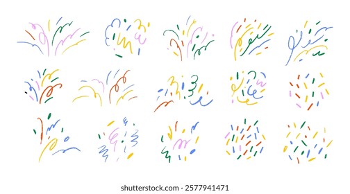 Colorful crayon drawn doodle decorative confetti. Sketch burst with squiggles, dots, pencil drawn abstract twirls. Vector frame crackers, tinsel, confetti elements. Birthday or carnival motif.