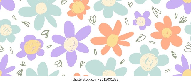 Colorful crayon drawn funky daisy seamless pattern. Abstract groovy daisy vector flowers. Vintage simple floral seamless banner design in pastel colored. Hand drawn blossom illustration.
