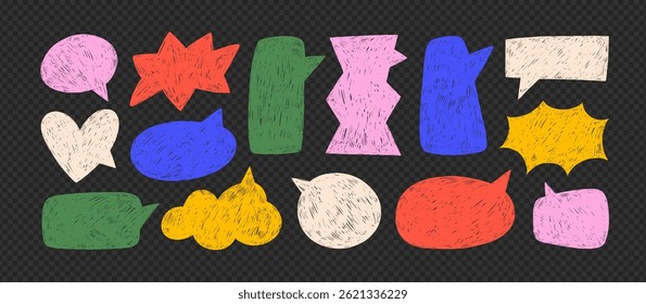 Colorful crayon drawn funky speech bubble silhouettes on transparent background. Hand drawn vector talk balloons in comic sketch style. Grunge pencil texture. Doodle dialog balloon elements collection