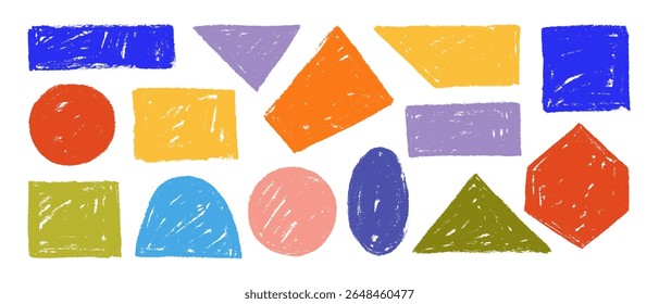 Colorful crayon drawn geometric shapes for kindergarten designs. Funky kid doodle drawings, scribble and scratch forms. Vector pencil drawn geometric figures. Vector basic shapes with rough texture.