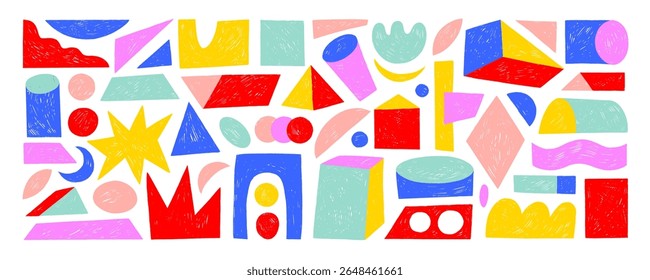 Colorful crayon drawn isometric geometric shapes. Decorative funky childish figures with pencil texture. 3d isometric geometric shapes. Set of basic colorful figures: cube, pyramid, cylinder, star.