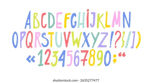 Colorful crayon drawn kids font with numbers. Vector doodle funky playful English alphabet with pencil or chalk texture. Hand drawn scribble chalk font. Kindergarten and school type design.