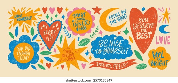Colorful crayon drawn love stickers collection with inspiration quotes. Hand drawn cute doodle shapes, figures and stickers with pencil texture. Cite hearts, flowers, stars, cloud and plants.