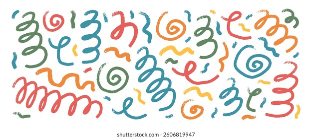 Colorful crayon drawn squiggles and spirals lines. Hand drawn kids party confetti. Brush stroke linear doodle elements set isolated on white background. Scribble party celebration decoration..