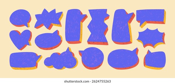 Colorful crayon drawn three-dimensional speech bubbles. Hand drawn vector funky talk balloons. Violet communication speech bubbles collection. Crayon chalk doodle text clouds. Blank shapes.