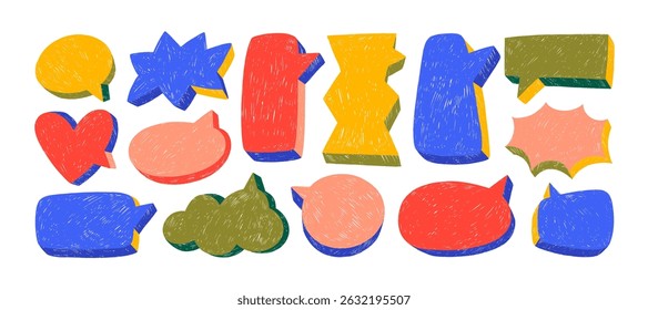 Colorful crayon drawn three-dimensional speech bubbles. Hand drawn vector funky talk balloons. Colorful communication speech bubbles collection. Crayon chalk doodle text clouds. Blank shapes.