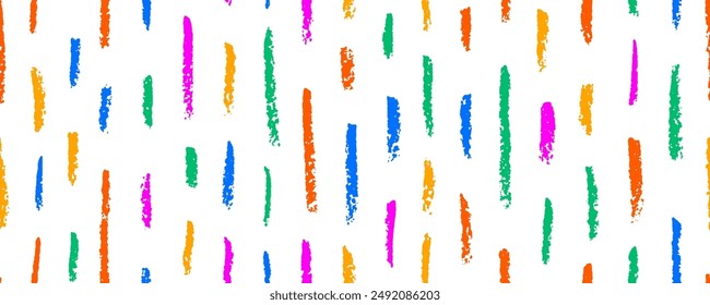 Colorful crayon drawn vertical strokes and rough lines seamless pattern. Abstract childish motif wallpaper, simple doodle texture. Thin dashes, short doodle lines. Kid's style marks and scribbles.
