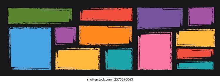 Colorful crayon figure set with various doodle rectangular shapes, graphic element for kids designs, backgrounds, borders and frames. Vector childish kindergarten elements