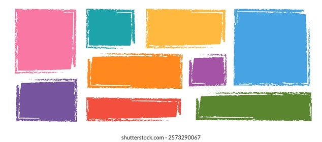 Colorful crayon figure set with various doodle rectangular shapes, graphic element for kids designs, backgrounds, borders and frames. Vector childish kindergarten elements