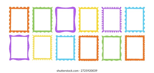 Colorful crayon frames and doodle borders with childish charm. Hand-drawn boxes perfect for creative designs, school projects, and playful text layouts. Color vector illustration.