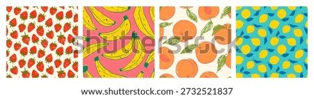 Colorful crayon fruits seamless pattern collection. Hand drawn funky and playful food seamless backgrounds. Summer tropical fruit wrapping paper print set. Wallpapers with banana, strawberry, lemon.