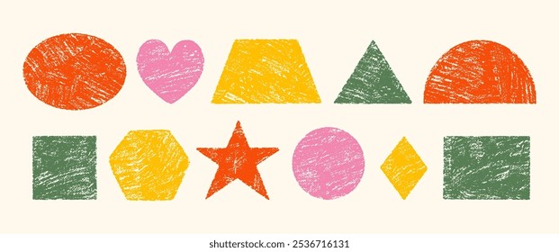 Colorful crayon hand drawn circle, square, triangular, heart and star. Pastel or charcoal vector illustration for kids.