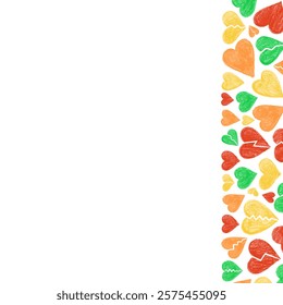 Colorful crayon hearts border on white background, romantic hand drawn illustration

