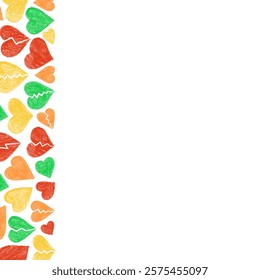 Colorful crayon hearts border on white background, hand drawn illustration

