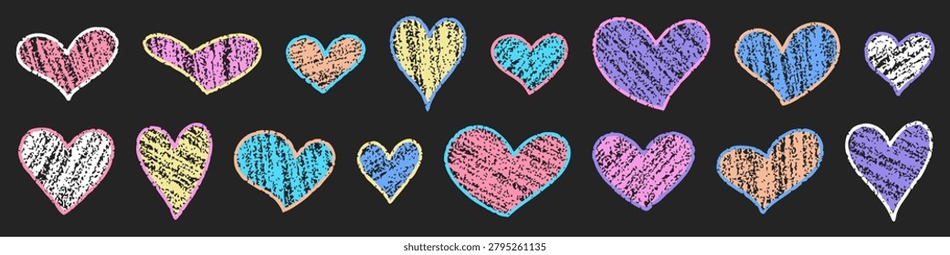 Colorful crayon hearts with grainy scribble texture on dark chalkboard background. Playful hand-drawn romantic clipart for wedding and Valentine design.