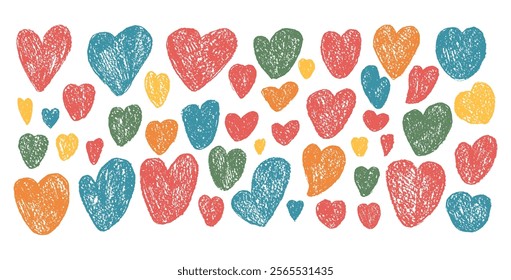 Colorful crayon hearts set. Romantic elements. Love signs grunge icons. Textured childish vector charity or kind symbols shapes drawn by pencil illustration isolated on white background.