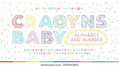 Colorful Crayon Kids Alphabet — Hand-Drawn Playful Font with Chalk or Wax Texture, Scribble Style Letters and Numbers for Children’s Education, Posters, School Projects, and Fun Designs.