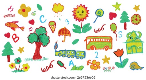 Colorful crayon landscape: house, path, trees, mountains, sun, clouds. Hand-drawn kids scene