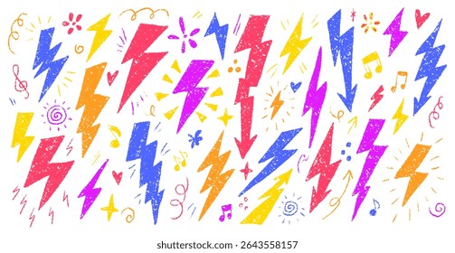 Colorful Crayon Lightning Bolts with Fun Decorative Elements on White