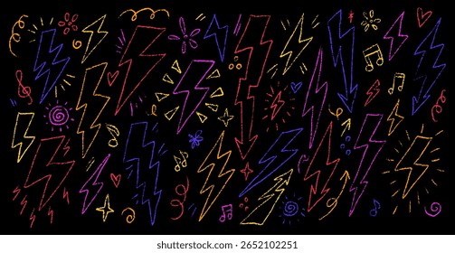Colorful Crayon Lightning and Musical Symbols Vector Illustration on Black Background