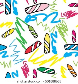 Colorful crayon pattern vector seamless childish scribble in multicolor on white background with red yellow blue pink and green pastel crayons