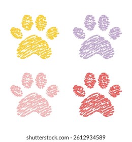 Colorful crayon paw prints set. Hand-drawn textured animal footprints in yellow, purple, red, and pink. Perfect for kids design, pet themes, education, and creative projects