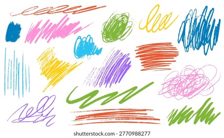 Colorful crayon pencil scribble, curved line and messy doodles set. Hand drawn pencil curly brush strokes, squiggles, tangle thin rough lines. Vector charcoal freehand stripes and ink shapes
