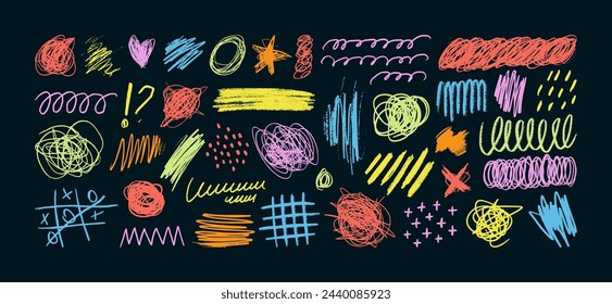 Colorful Crayon Pencil Scribble Textures and Shapes. Children's Charcoal Hand Drawn Doodle Scratches. Vector Elements of Waves, Squiggles, Circles, Lines, Dots, Scratches for Patterns, Templates