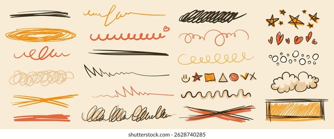 Colorful crayon and pencil stroke set. Kid-style sketch lines, scribbles, brush strokes, and paint marks. Hand-drawn color accents for playful design, notes, and creative drawing. Vector illustration