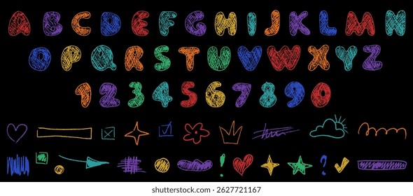 Colorful crayon representations of the English alphabet and numbers are arranged on a dark background. Various playful doodles accompany the letters and numbers, enhancing the creative feel.