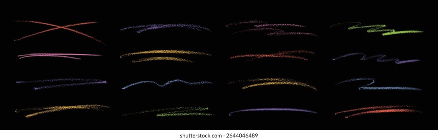 Colorful Crayon Scribble Lines Set, Hand-Drawn Strokes on Black Background Isolated Collection