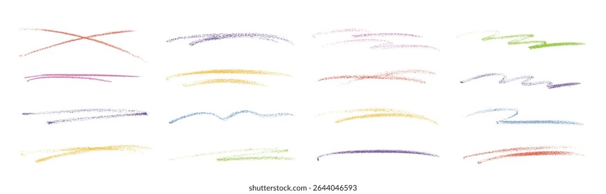 Conjunto de líneas de garabatos de lápiz de colores, trazos dibujados a mano sobre fondo blanco Colección aislada