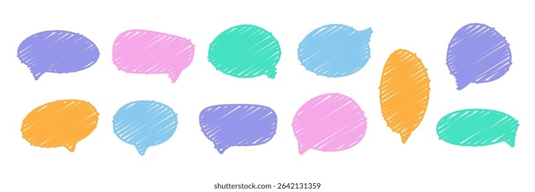 Colorful crayon scribble speech bubbles. Hand-drawn style chat icons in blue, pink, orange, green, and purple. Doodle cartoon design elements for messages or communication. Vector illustration.