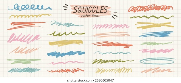Colorful crayon scribble and underline vector elements on grid paper background. Hand-drawn squiggles for creative highlights, notes, and playful design accents.