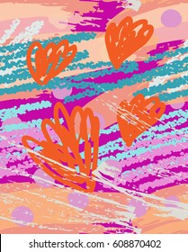 Colorful crayon scribbles with doodled flowers.Abstract seamless pattern. Universal bright background for greeting cards, invitations. Had drawn ink and marker watercolor texture.