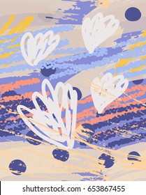 Colorful crayon scribbles with doodled flowers.Abstract seamless pattern. Universal bright background for greeting cards, invitations. Had drawn ink and marker watercolor texture.