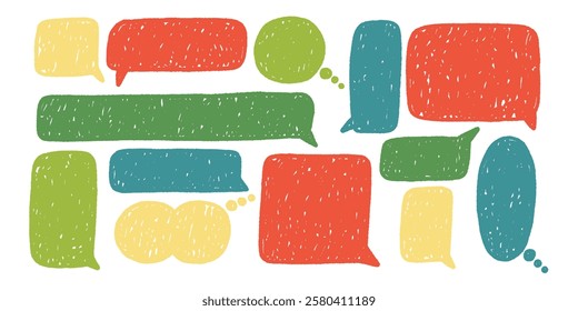 Colorful Crayon Speech Bubble Shape Set. Collection Pencil Chat Balloon Dialog Talk Figure. Vector Doodle Drawing Illustration
