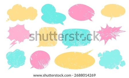 Colorful crayon speech bubble shapes with rough texture for communication and dialog design. Pink, yellow and turquoise chat balloons with distressed edges. Hand drawn message boxes and thought clouds