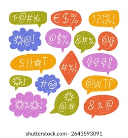 Colorful crayon speech bubbles with angry swearing symbols