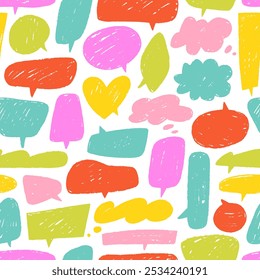 Colorful crayon speech bubbles seamless pattern. Hand drawn funky style cute speech bubbles. Kid's style drawings. Hand drawn crayon cloud messages. Vector colorful seamless pattern.