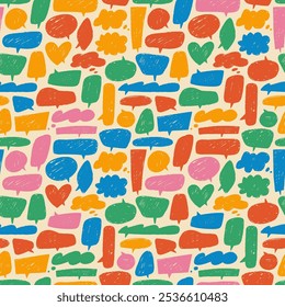 Colorful crayon speech bubbles seamless pattern. Hand drawn funky style cute speech bubbles. Kid's style drawings. Hand drawn crayon cloud messages. Vector colorful seamless pattern.