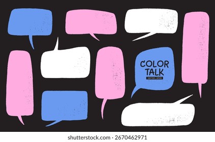 Quadros coloridos de fala de giz de cera em estilo pastel com textura de giz. Balões de nuvem desenhados à mão e caixas de texto de doodle trazem ícones de bate-papo divertidos para diálogos cômicos e design escolar bonito.
