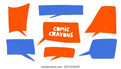 Colorful crayon speech frames in pastel style with chalk texture. Hand drawn cloud balloons and doodle text boxes bring fun chat icons for comic dialog and cute school design.
