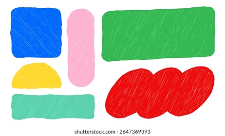 Colorful crayon style text boxes in various shapes and sizes with scribble textures, for playful childlike