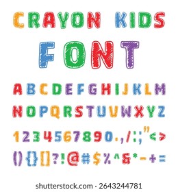 Jeu de polices d'Image vectorielle de style crayon coloré avec des lettres majuscules, des chiffres et des symboles. Un alphabet amusant et ludique pour les livres pour enfants, les affiches, les bannières, l’école, la maternelle, l’apprentissage et les dessins animés.
