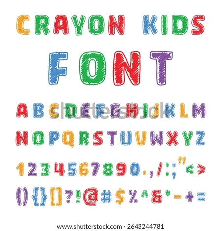 Colorful crayon style vector font set with uppercase letters, numbers, and symbols. Fun playful alphabet for children’s books, posters, banners, school, kindergarten, learning, and cartoon designs.