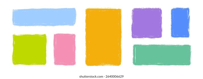 Colorful crayon text box set. Hand drawn rectangle sticker shape collection. Rough edge geometric patch pack. Playful doodled borders and frames. Vector bright painted elements for collage, banner